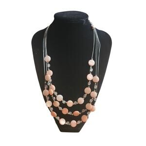 3 Strand Peach Glass Coin Bead Necklace Clear Faceted Beads Silver Tone 16-19.5